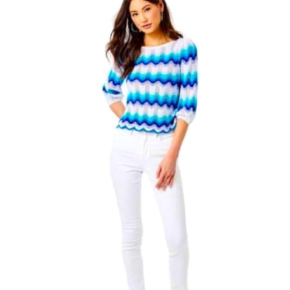 Lilly Pulitzer NWOT Navana Bermuda Blue Crochet Cotton Sweater Size XS
